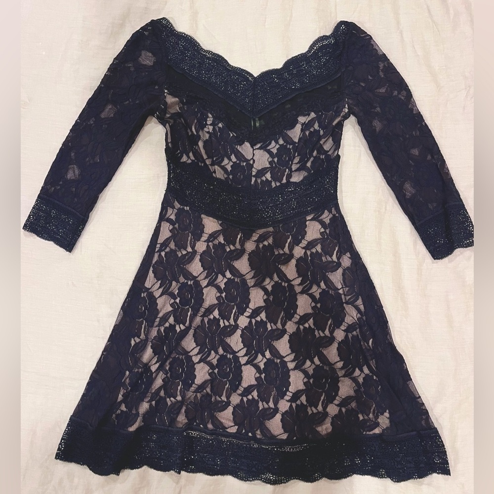 Free People Navy Blue Long Sleeve Lace Dress